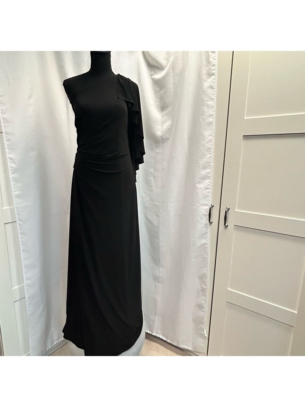 Cache Black One Shoulder Draped Sleeve Beaded Rhinestone Ruched Maxi Gown Dress